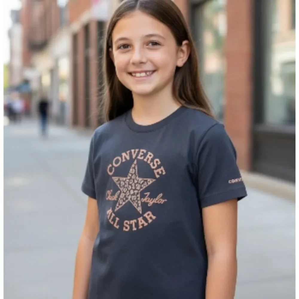 Converse Girls Navy Blue Short Sleeve T-Shirt w/PinkConverse Logo - Size M